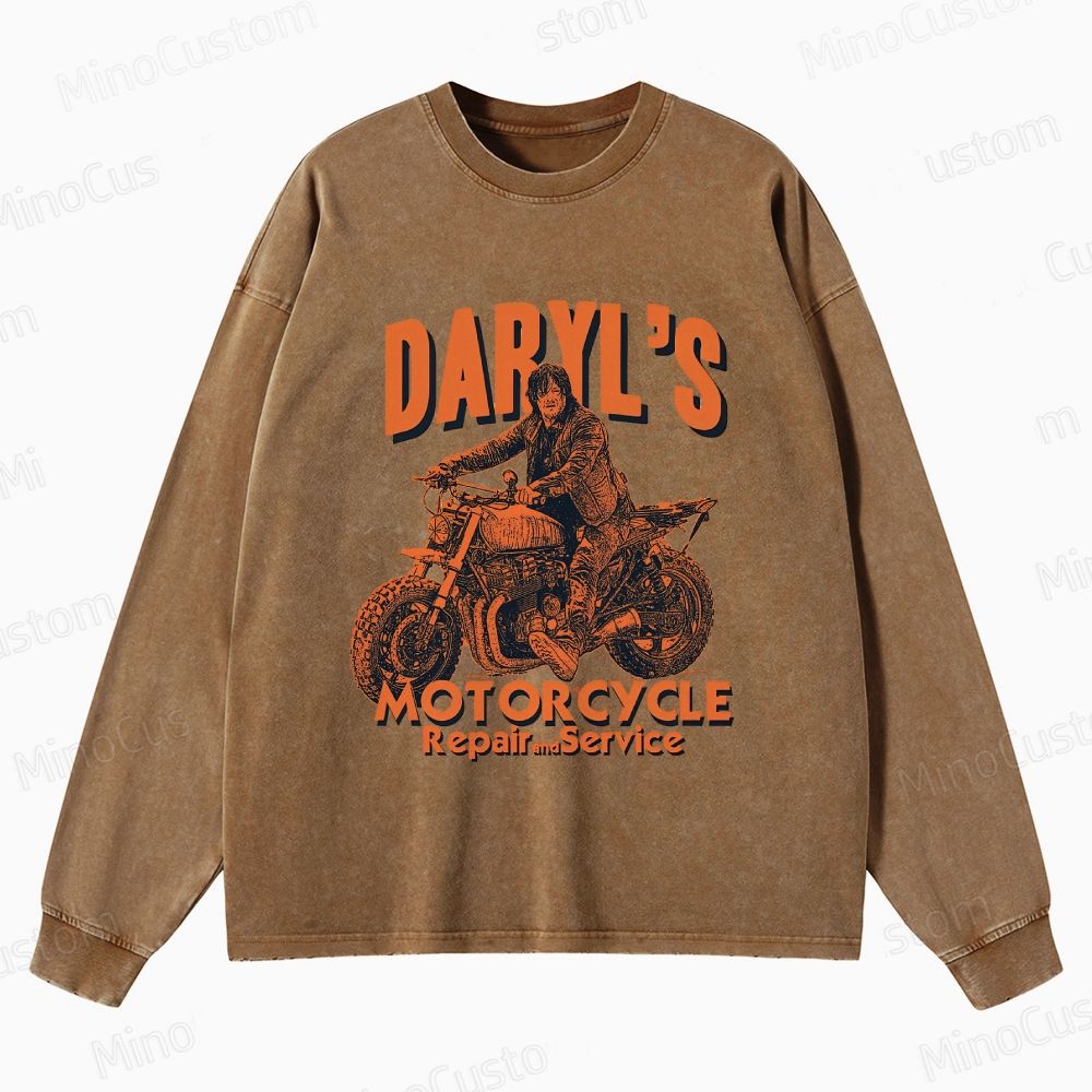 The Walking Dead: Daryl's Motorcycle Retro Post-Apocalyptic Graphic Washed Vintage Long-Sleeve T-Shirt