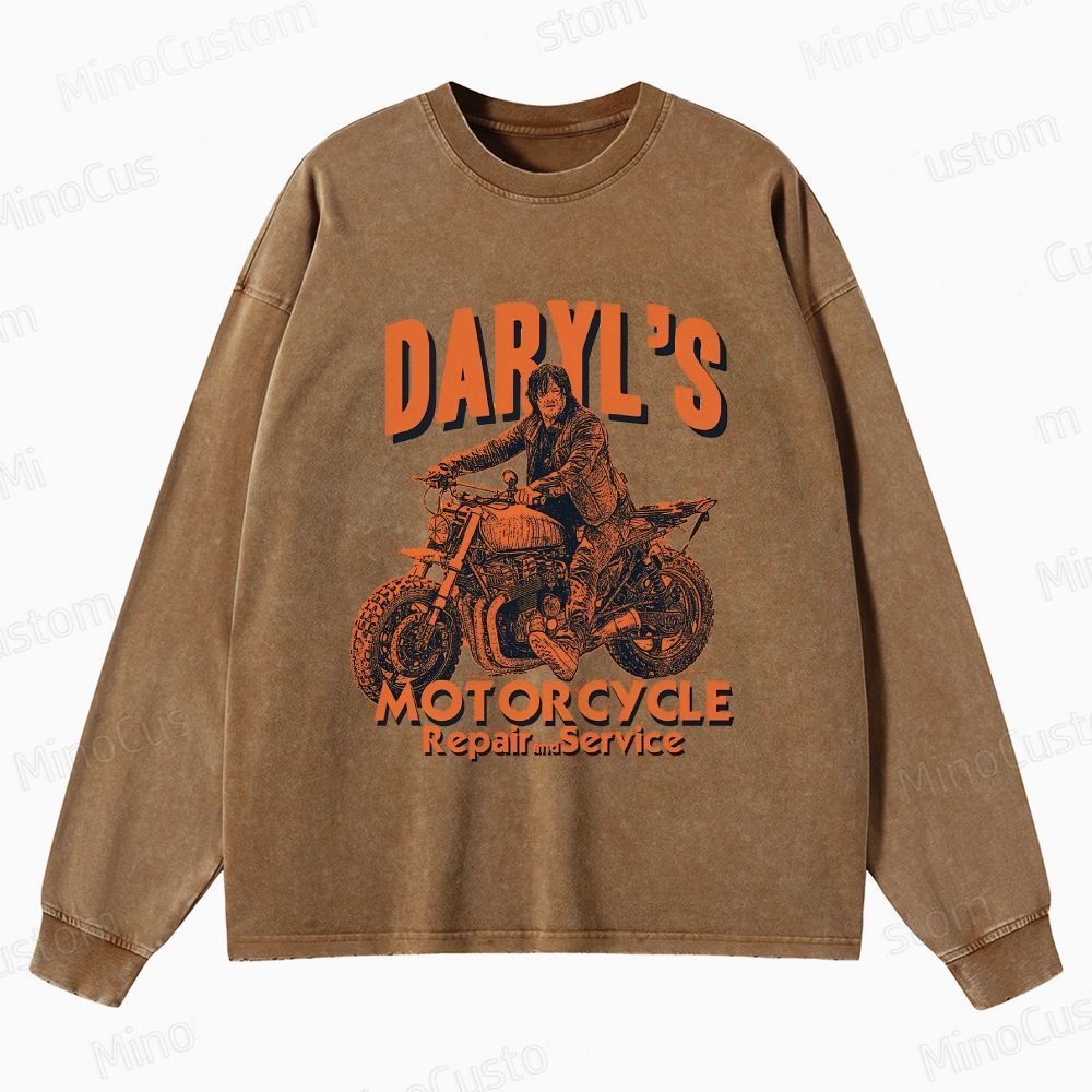 The Walking Dead: Daryl's Motorcycle Retro Post-Apocalyptic Graphic Washed Vintage Long-Sleeve T-Shirt