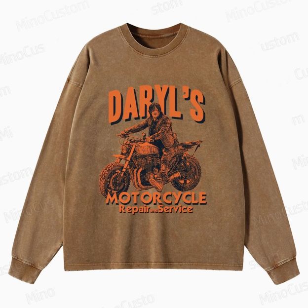 The Walking Dead: Daryl's Motorcycle Retro Post-Apocalyptic Graphic Washed Vintage Long-Sleeve T-Shirt