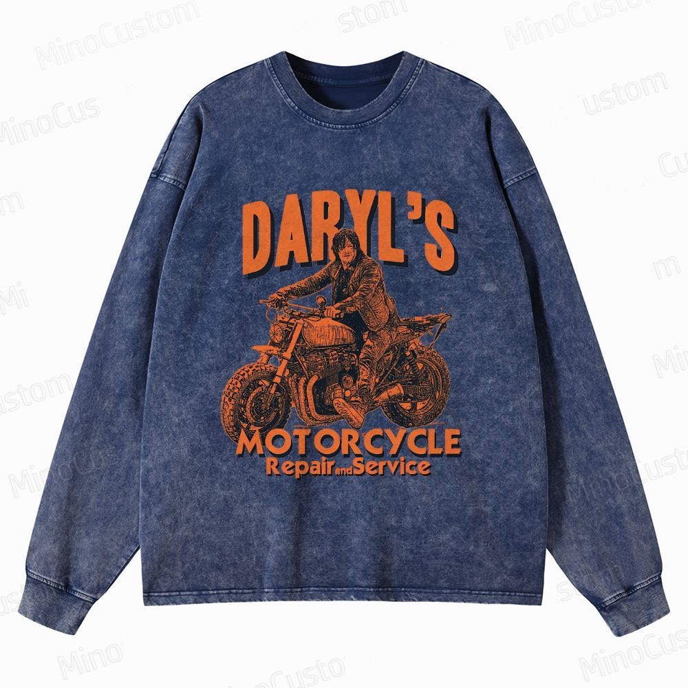 The Walking Dead: Daryl's Motorcycle Retro Post-Apocalyptic Graphic Washed Vintage Long-Sleeve T-Shirt