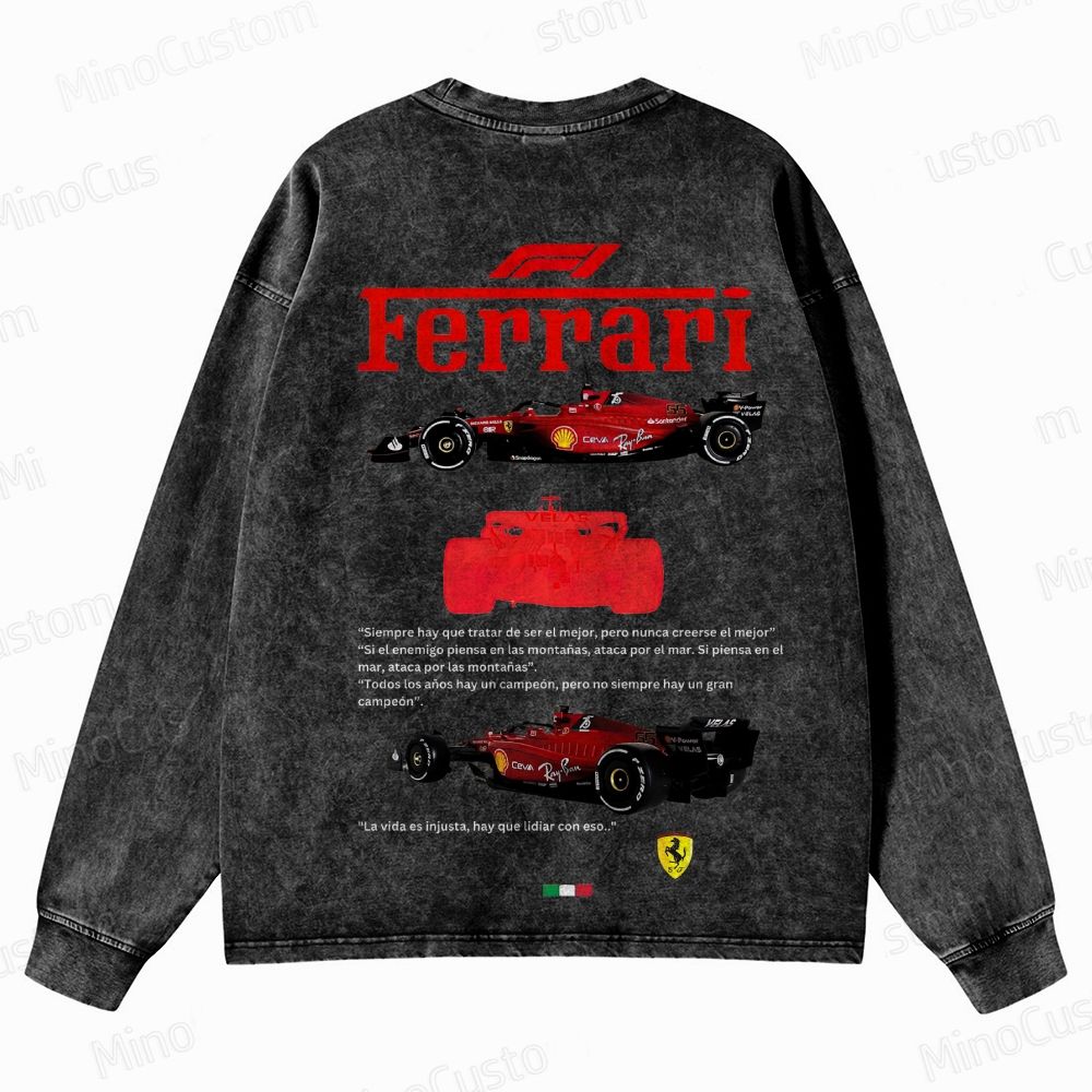 Ferrari F1 Racing Retro Motorsport Graphic Washed Vintage Long-Sleeve T-Shirt