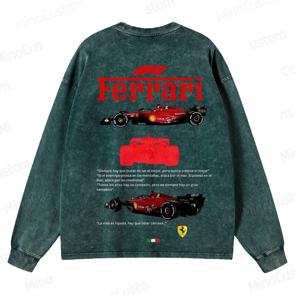 Ferrari F1 Racing Retro Motorsport Graphic Washed Vintage Long-Sleeve T-Shirt