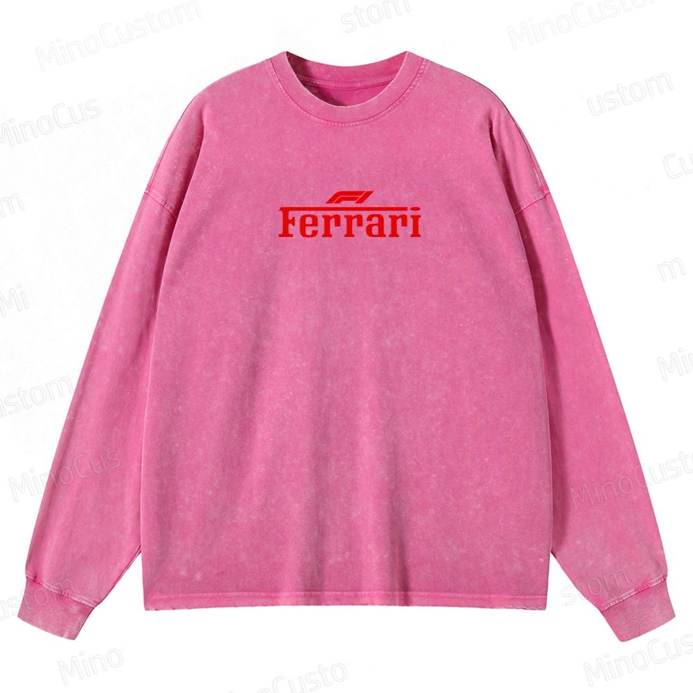 Ferrari F1 Racing Retro Motorsport Graphic Washed Vintage Long-Sleeve T-Shirt
