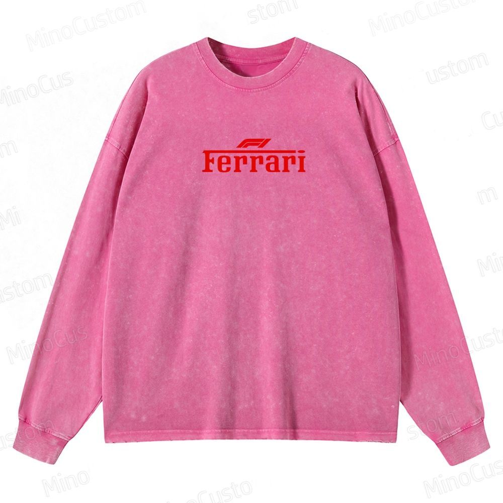 Ferrari F1 Racing Retro Motorsport Graphic Washed Vintage Long-Sleeve T-Shirt