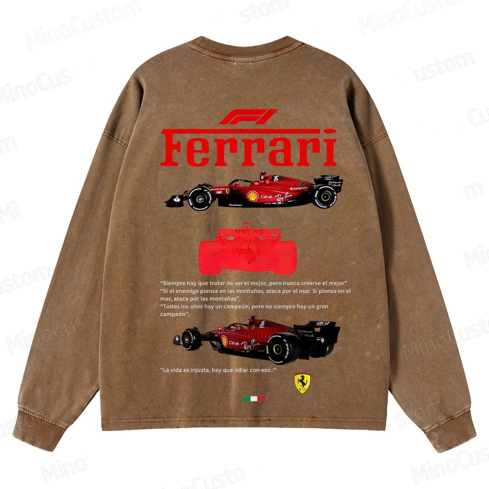 Ferrari F1 Racing Retro Motorsport Graphic Washed Vintage Long-Sleeve T-Shirt
