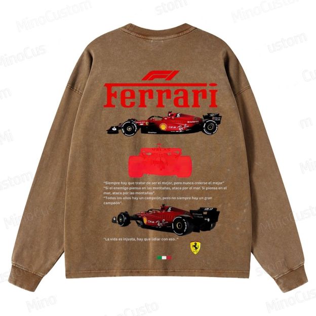 Ferrari F1 Racing Retro Motorsport Graphic Washed Vintage Long-Sleeve T-Shirt