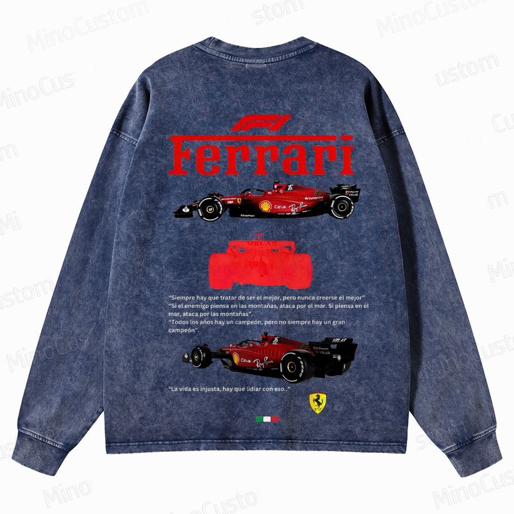 Ferrari F1 Racing Retro Motorsport Graphic Washed Vintage Long-Sleeve T-Shirt