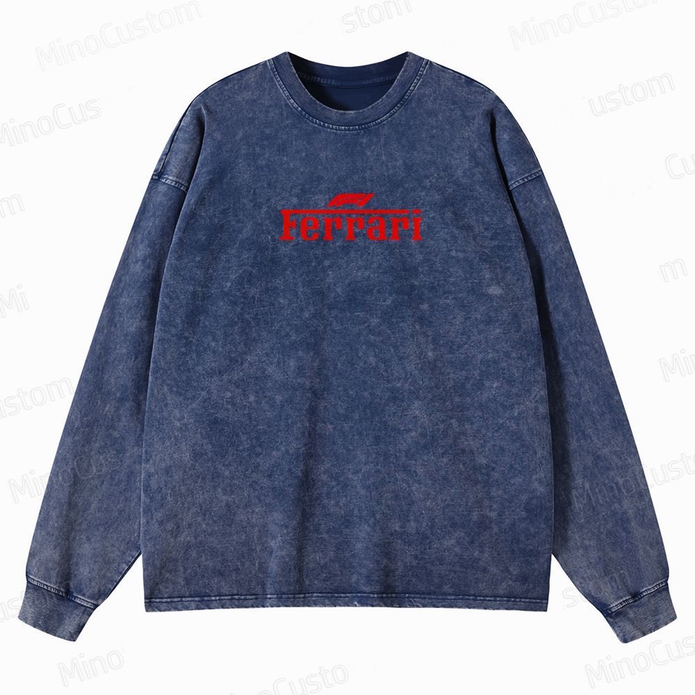 Ferrari F1 Racing Retro Motorsport Graphic Washed Vintage Long-Sleeve T-Shirt