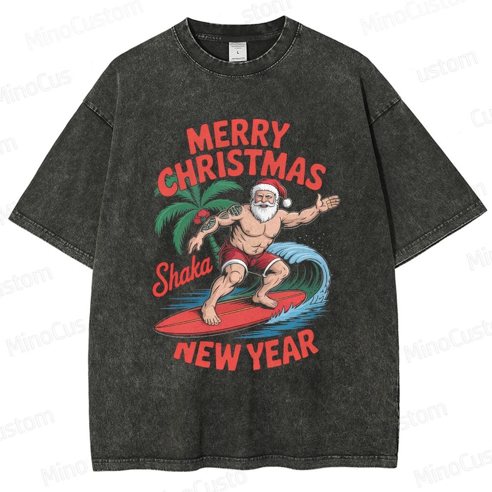 Surfing Santa Merry Christmas Retro Tropical Holiday Graphic Washed Vintage T-Shirt