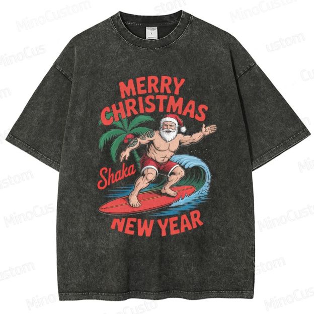 Surfing Santa Merry Christmas Retro Tropical Holiday Graphic Washed Vintage T-Shirt
