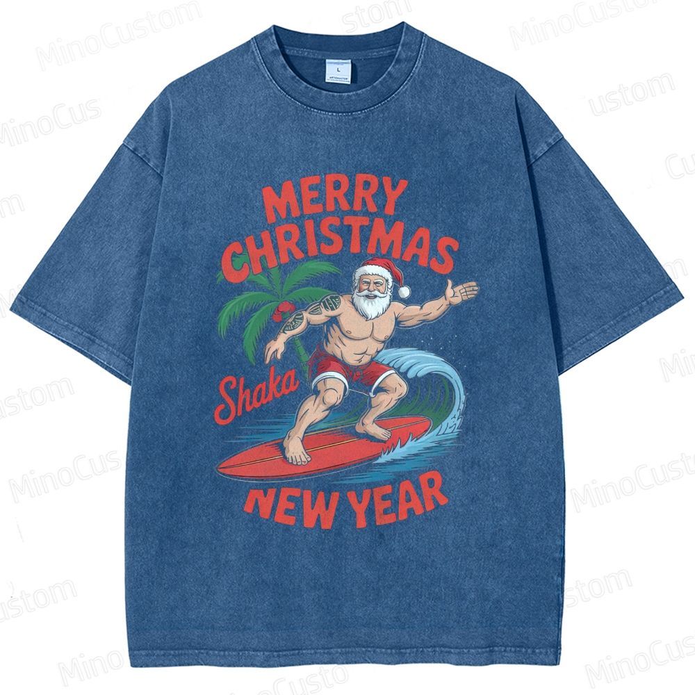 Surfing Santa Merry Christmas Retro Tropical Holiday Graphic Washed Vintage T-Shirt