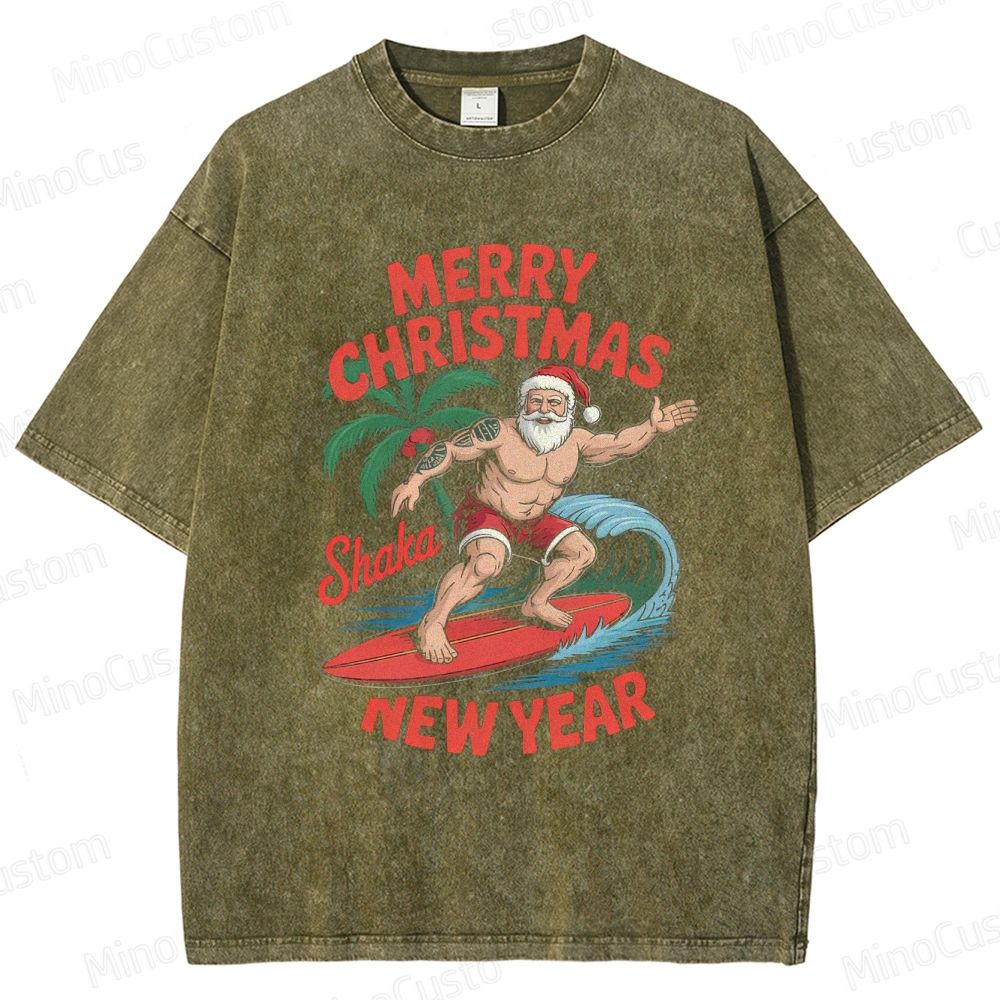 Surfing Santa Merry Christmas Retro Tropical Holiday Graphic Washed Vintage T-Shirt