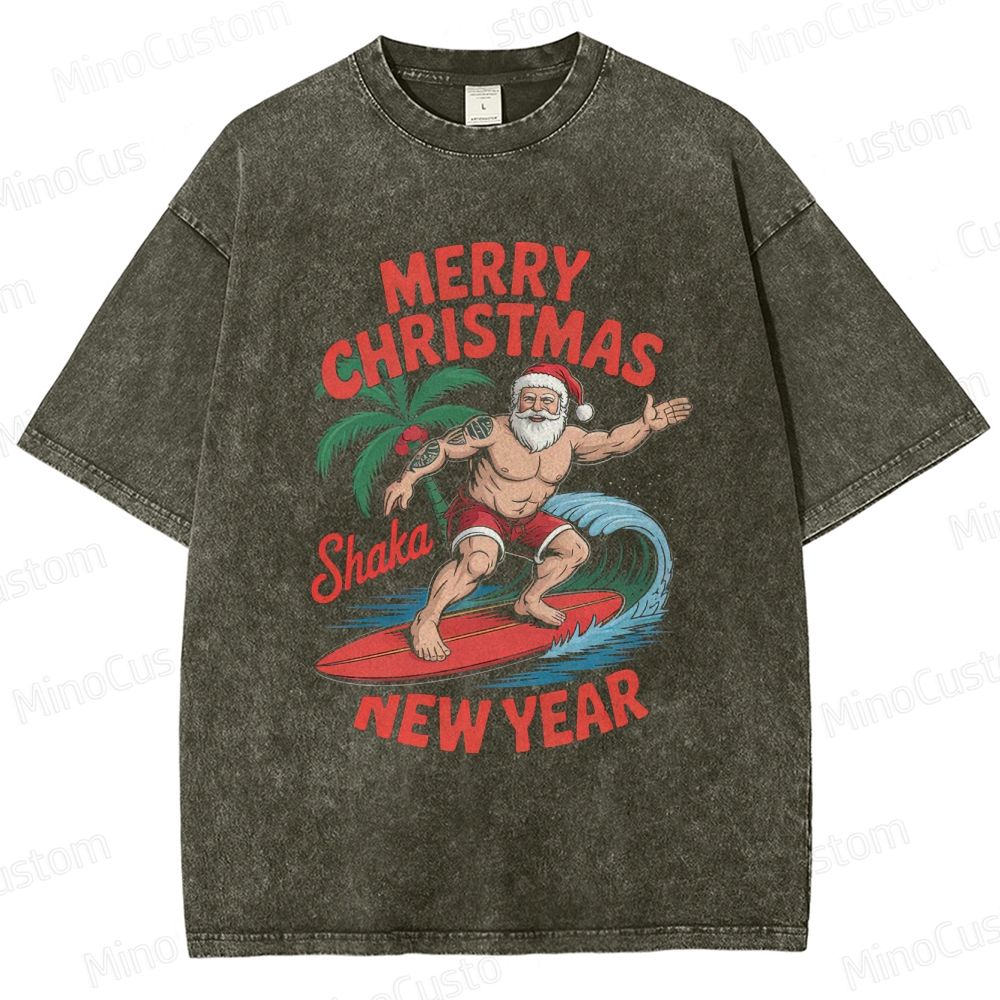 Surfing Santa Merry Christmas Retro Tropical Holiday Graphic Washed Vintage T-Shirt