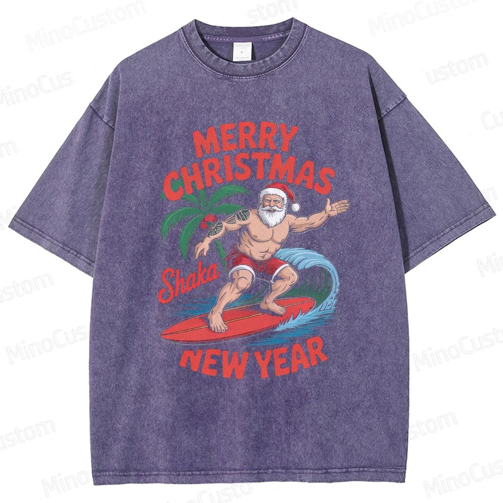 Surfing Santa Merry Christmas Retro Tropical Holiday Graphic Washed Vintage T-Shirt