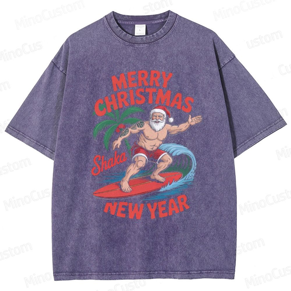 Surfing Santa Merry Christmas Retro Tropical Holiday Graphic Washed Vintage T-Shirt