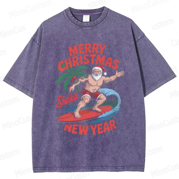 Surfing Santa Merry Christmas Retro Tropical Holiday Graphic Washed Vintage T-Shirt