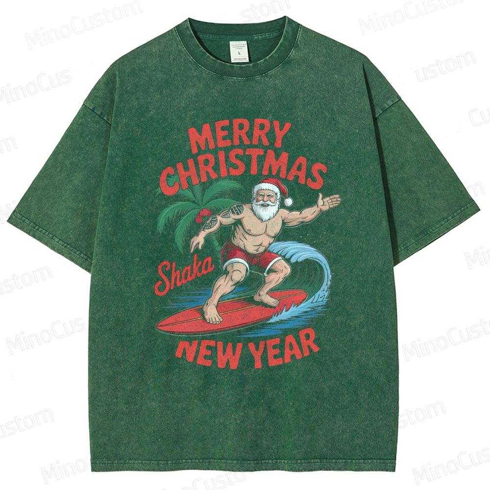Surfing Santa Merry Christmas Retro Tropical Holiday Graphic Washed Vintage T-Shirt