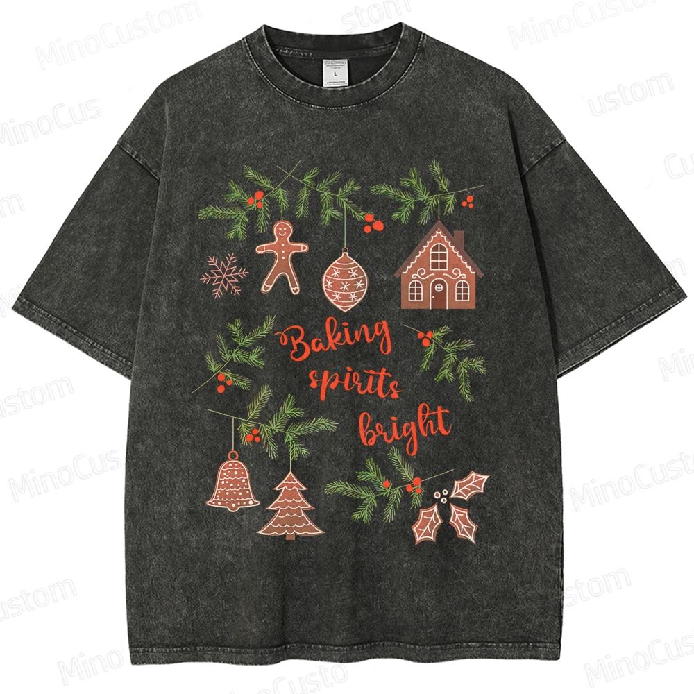 Baking Spirits Bright Retro Christmas Festive Graphic Washed Vintage T-Shirt