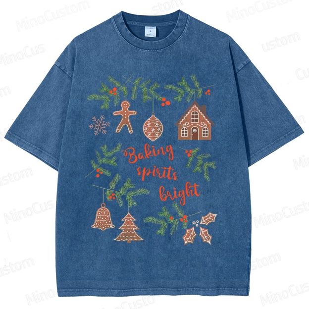 Baking Spirits Bright Retro Christmas Festive Graphic Washed Vintage T-Shirt