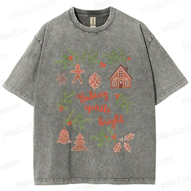 Baking Spirits Bright Retro Christmas Festive Graphic Washed Vintage T-Shirt