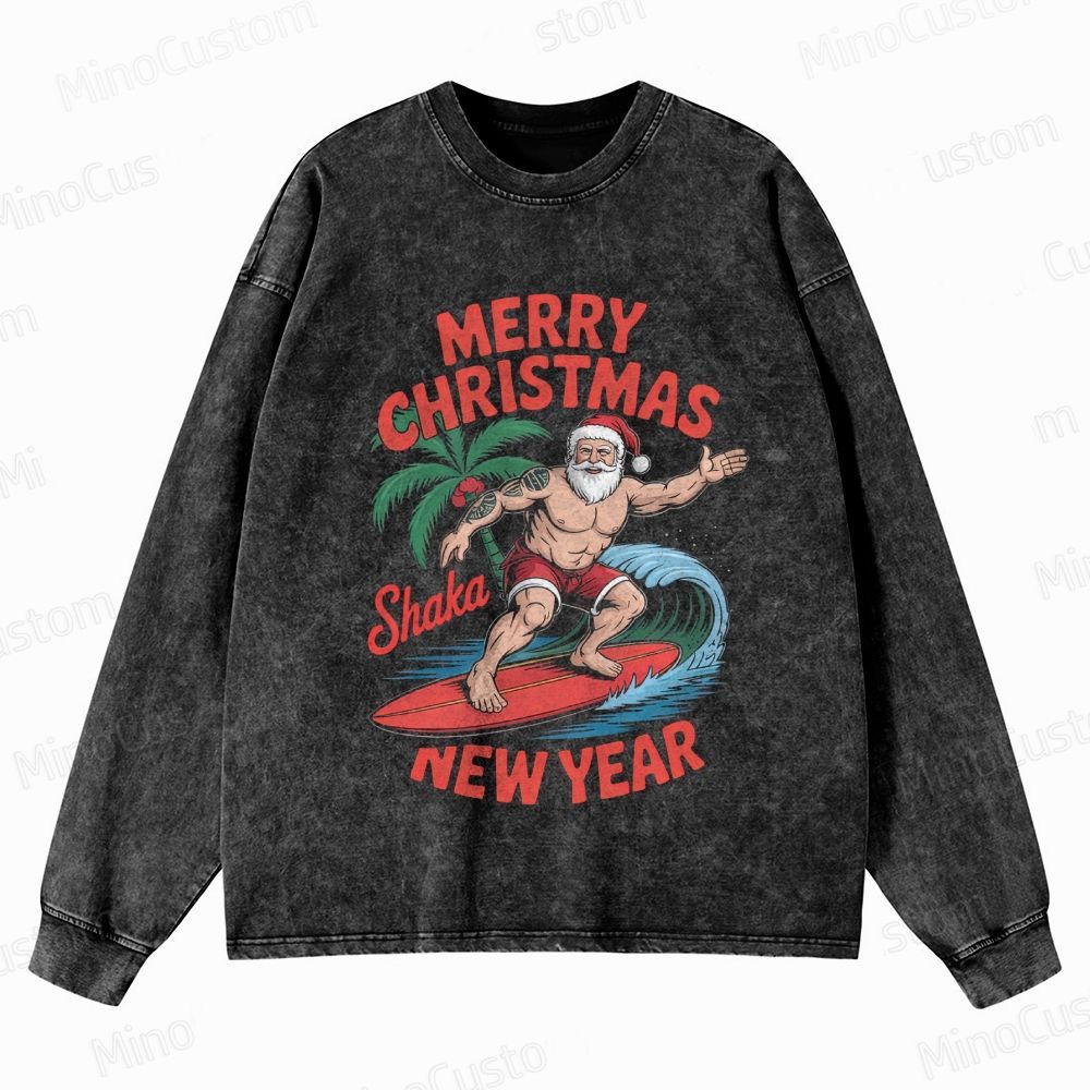 Surfing Santa Merry Christmas Retro Tropical Holiday Graphic Washed Vintage Long-Sleeve Sweatshirt
