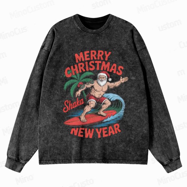 Surfing Santa Merry Christmas Retro Tropical Holiday Graphic Washed Vintage Long-Sleeve Sweatshirt