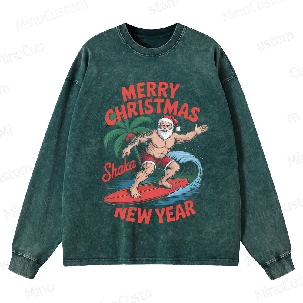 Surfing Santa Merry Christmas Retro Tropical Holiday Graphic Washed Vintage Long-Sleeve Sweatshirt