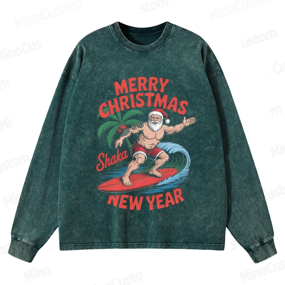 Surfing Santa Merry Christmas Retro Tropical Holiday Graphic Washed Vintage Long-Sleeve Sweatshirt