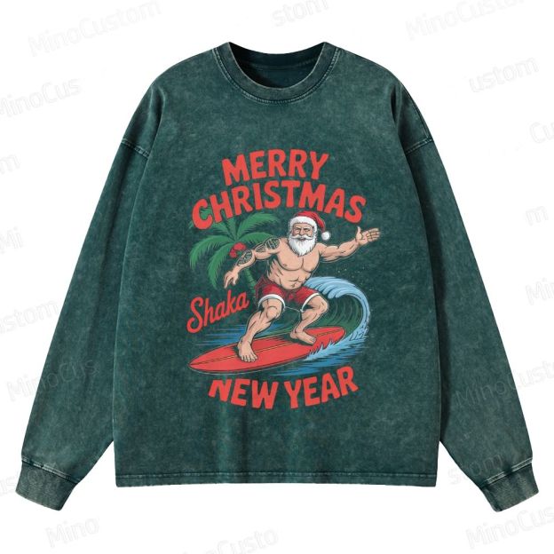 Surfing Santa Merry Christmas Retro Tropical Holiday Graphic Washed Vintage Long-Sleeve Sweatshirt