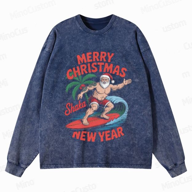 Surfing Santa Merry Christmas Retro Tropical Holiday Graphic Washed Vintage Long-Sleeve Sweatshirt