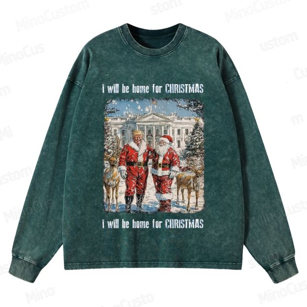 I Will Be Home For Christmas Retro Political Holiday Graphic Washed Vintage Long-Sleeve Sweatshirt