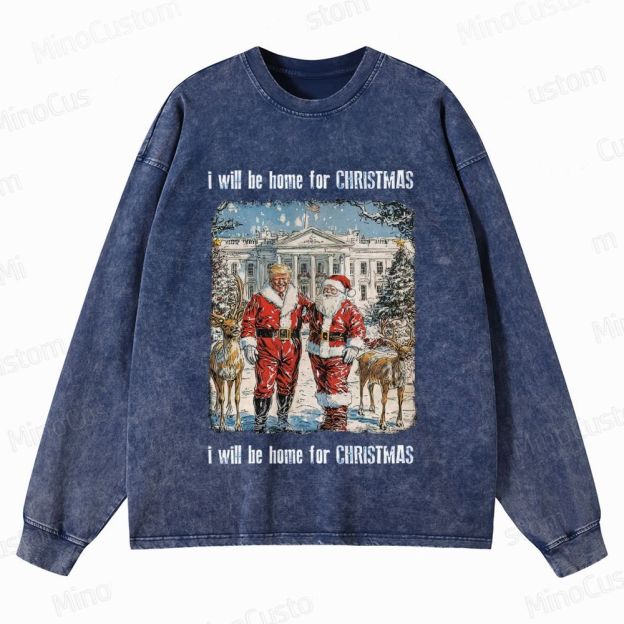I Will Be Home For Christmas Retro Political Holiday Graphic Washed Vintage Long-Sleeve Sweatshirt