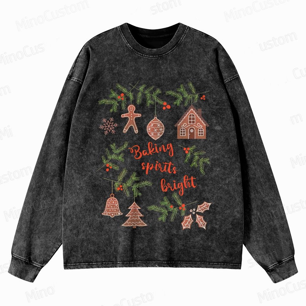 Baking Spirits Bright Retro Christmas Festive Graphic Washed Vintage Long-Sleeve Sweatshirt