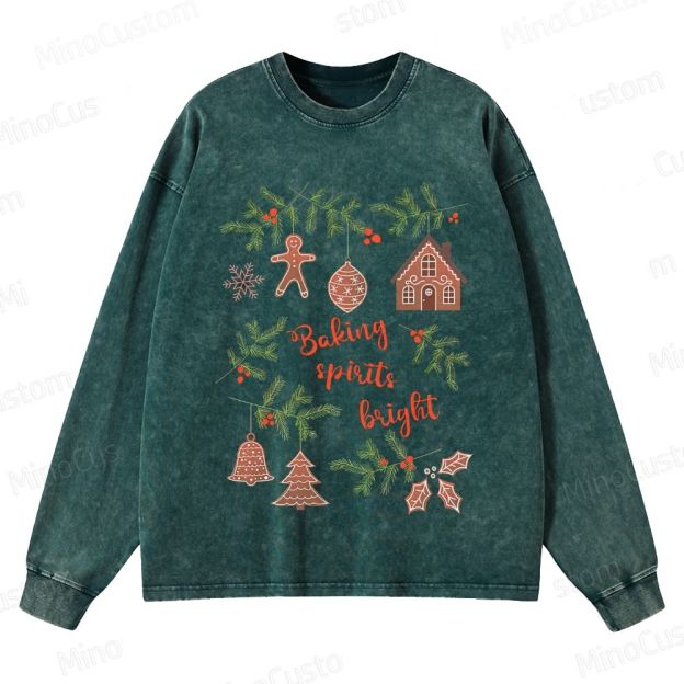 Baking Spirits Bright Retro Christmas Festive Graphic Washed Vintage Long-Sleeve Sweatshirt