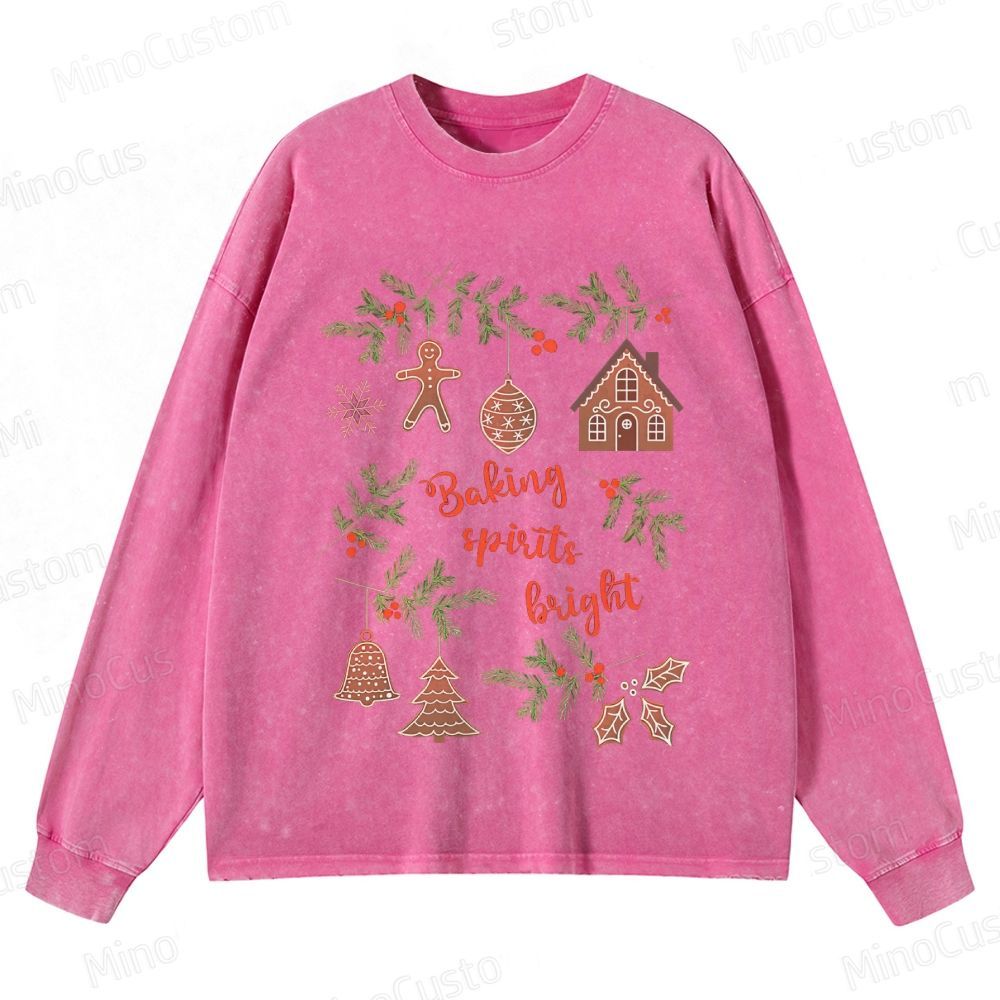 Baking Spirits Bright Retro Christmas Festive Graphic Washed Vintage Long-Sleeve Sweatshirt