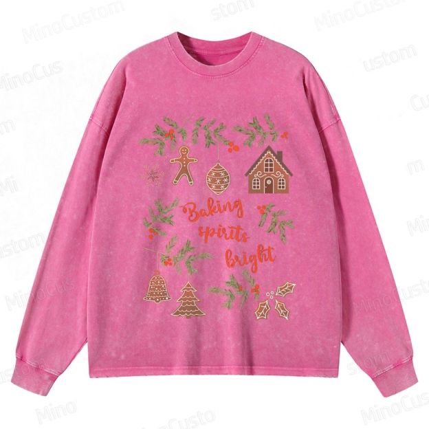 Baking Spirits Bright Retro Christmas Festive Graphic Washed Vintage Long-Sleeve Sweatshirt