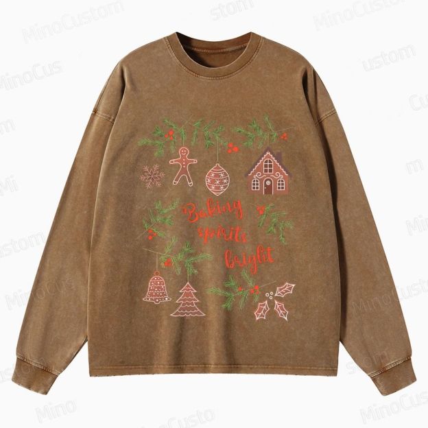 Baking Spirits Bright Retro Christmas Festive Graphic Washed Vintage Long-Sleeve Sweatshirt