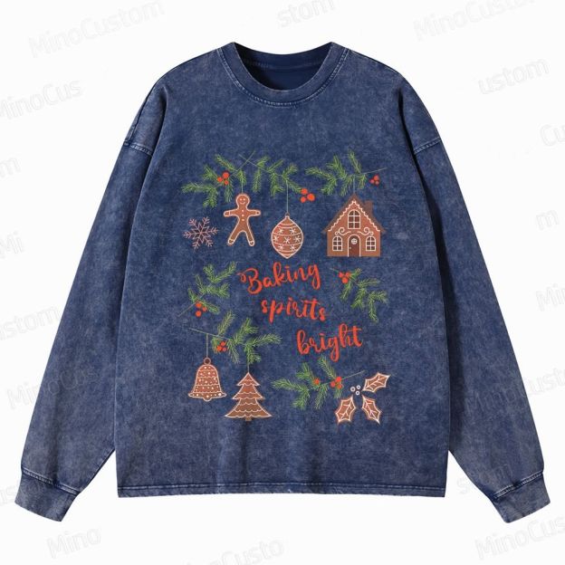 Baking Spirits Bright Retro Christmas Festive Graphic Washed Vintage Long-Sleeve Sweatshirt