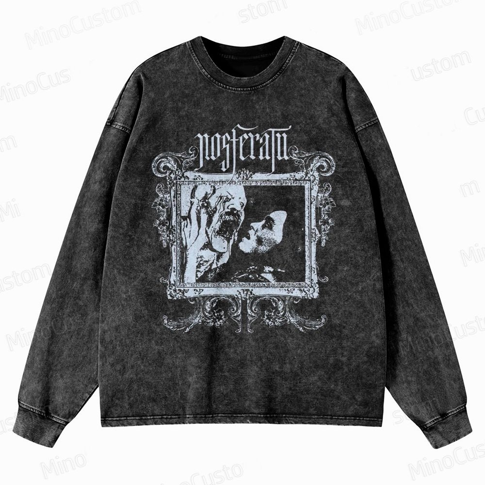 Nosferatu Retro Gothic Horror Graphic Washed Vintage Long-Sleeve Sweatshirt