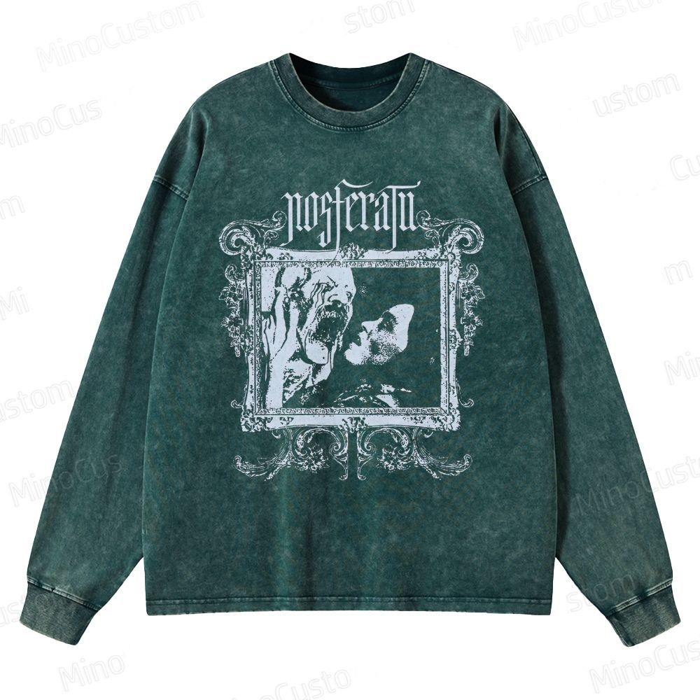 Nosferatu Retro Gothic Horror Graphic Washed Vintage Long-Sleeve Sweatshirt