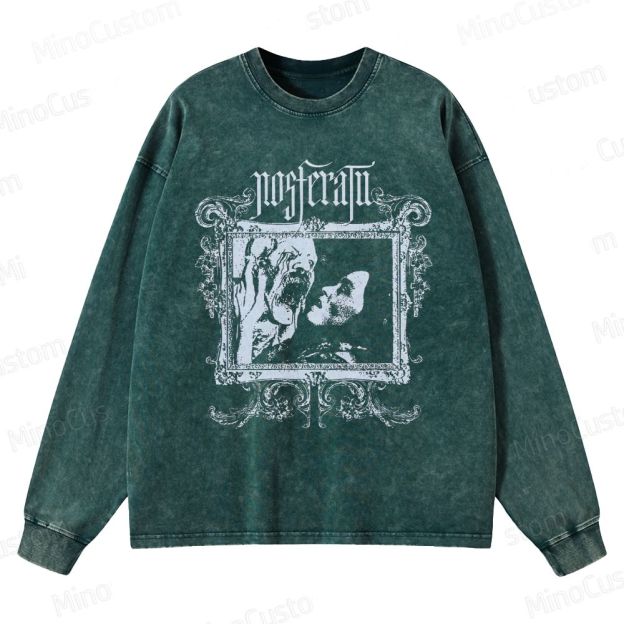 Nosferatu Retro Gothic Horror Graphic Washed Vintage Long-Sleeve Sweatshirt