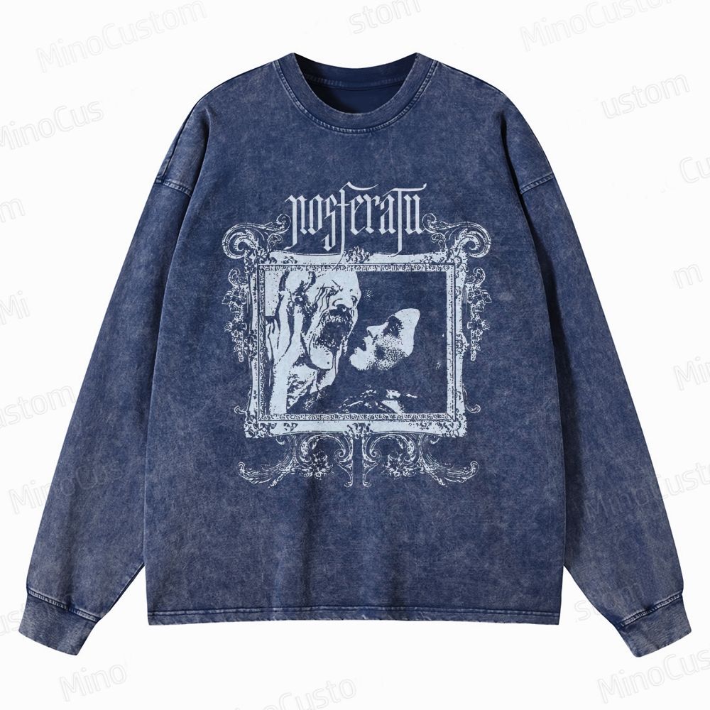 Nosferatu Retro Gothic Horror Graphic Washed Vintage Long-Sleeve Sweatshirt
