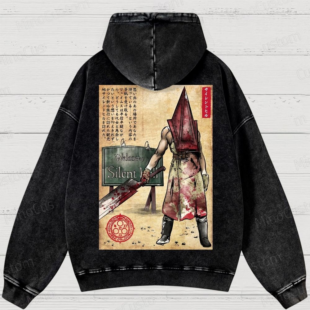 Pyramid Head woodblock Washed Hoodies 