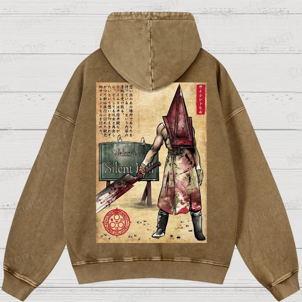 Pyramid Head woodblock Washed Hoodies 