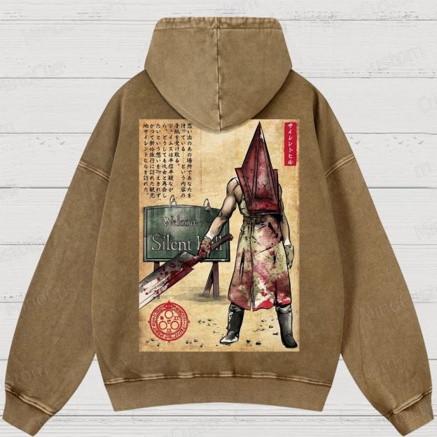 Pyramid Head woodblock Washed Hoodies 
