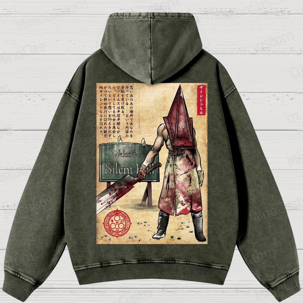 Pyramid Head woodblock Washed Hoodies 