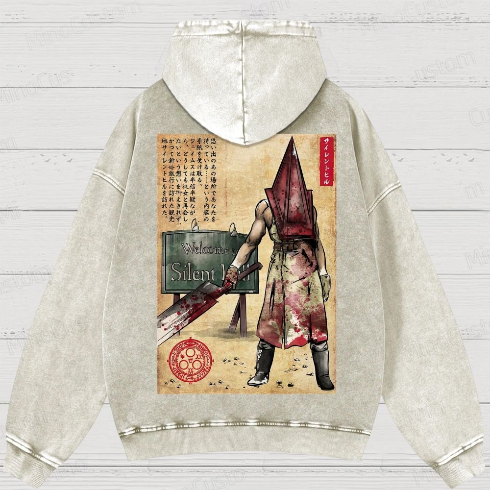 Pyramid Head woodblock Washed Hoodies 