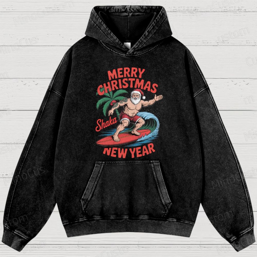 Surfing Santa Merry Christmas Retro Tropical Holiday Graphic Washed Vintage Hoodie