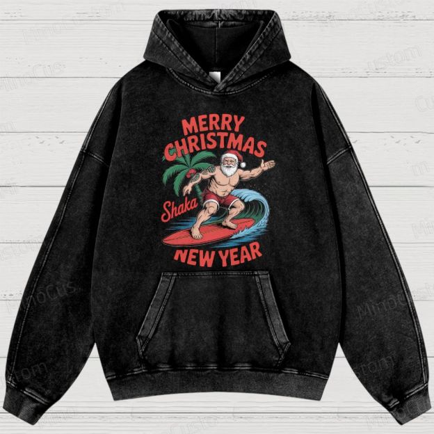 Surfing Santa Merry Christmas Retro Tropical Holiday Graphic Washed Vintage Hoodie