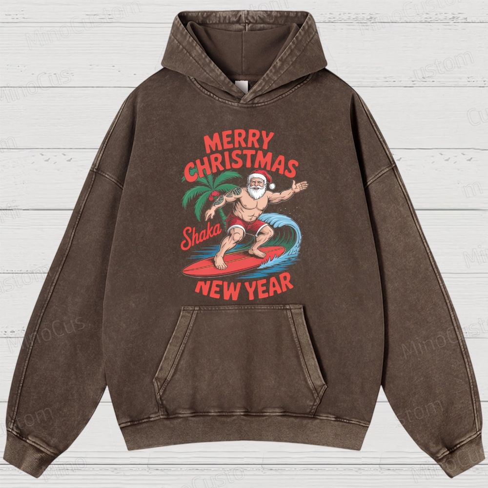 Surfing Santa Merry Christmas Retro Tropical Holiday Graphic Washed Vintage Hoodie